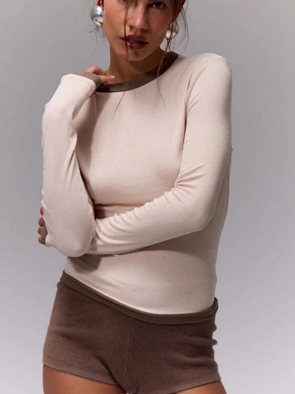 Neutral Ribbed Long Sleeve Top with tan Contrast Trim